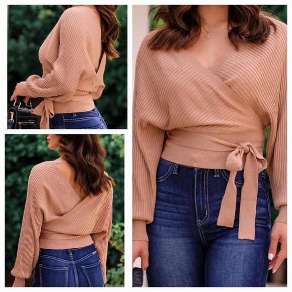 Love Tree Sweaters - LOVE TREE, Relax Ribbed Knit Wrap, Waist Tie Sweater, Sz M ,Clay Color